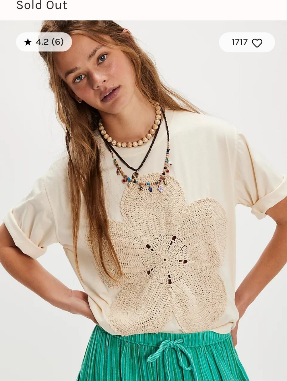 THE TALES By Free People Cream Tee With Crochet Flower Accent Large